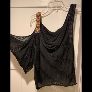 Sheer, black asymmetrical tank top